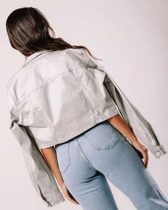 Jaqueta sarja resinada Cropped prata