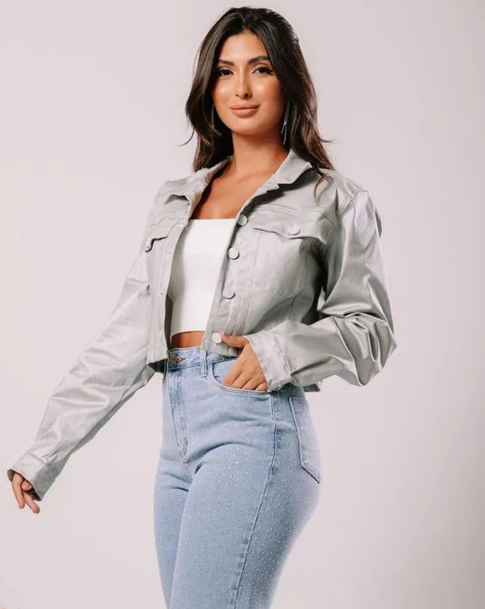 Jaqueta sarja resinada Cropped prata