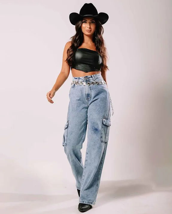 Calça jeans cintura alta wide leg cargo