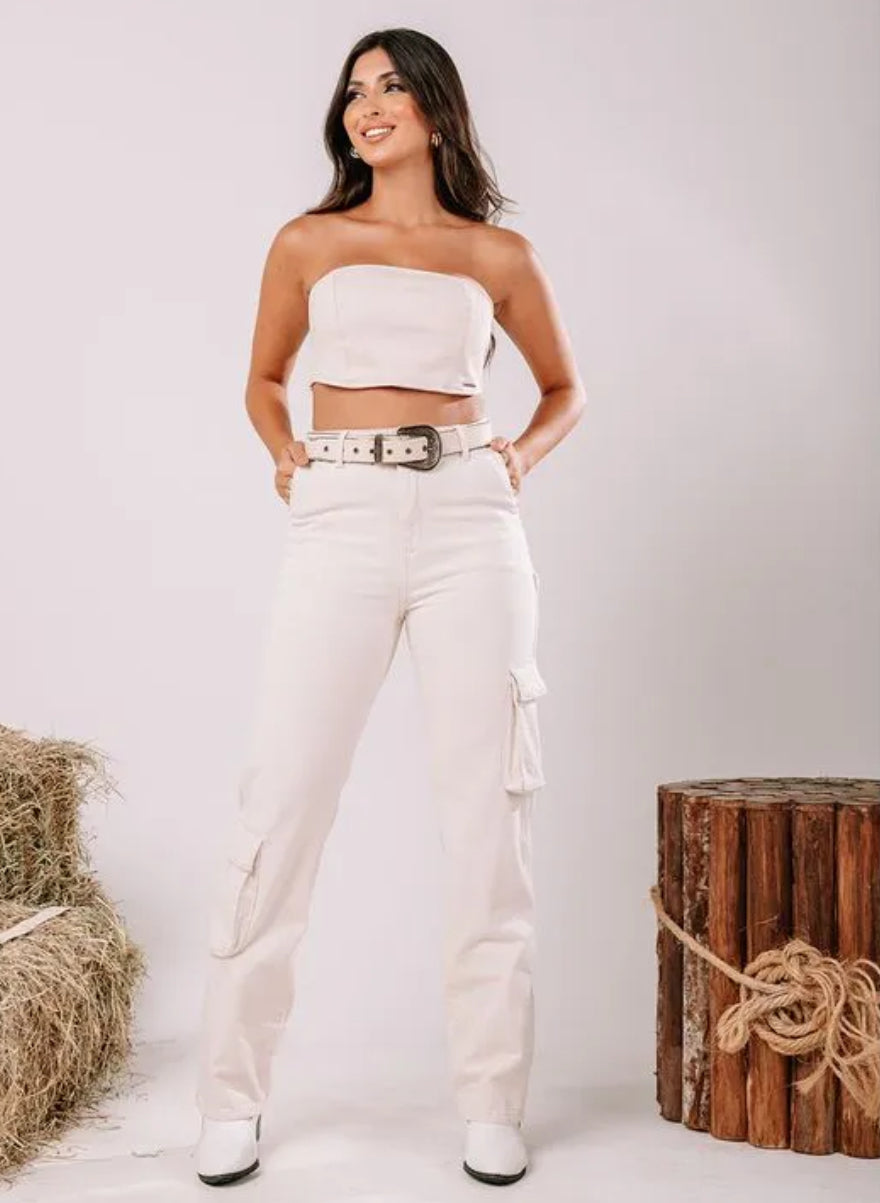 Calça algodão wide leg cintura alta cargo