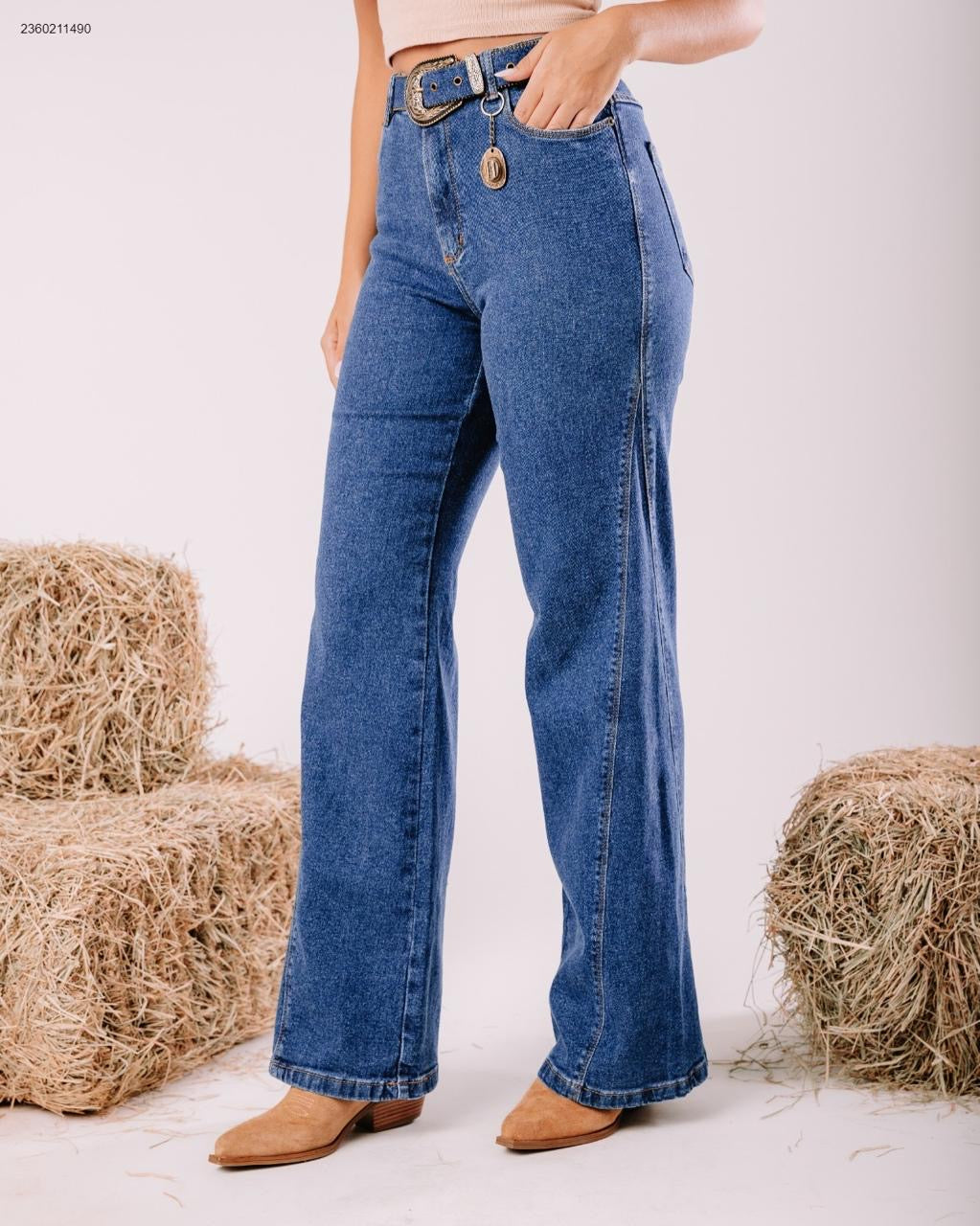 Calça jeans wide leg feminina cintura alta com cinto
