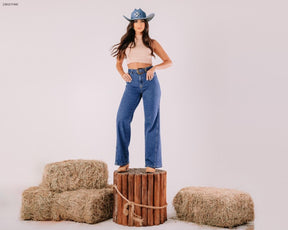 Calça jeans wide leg feminina cintura alta com cinto