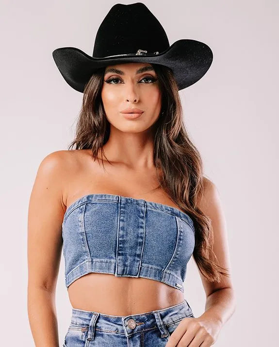 Top jeans feminino com recorte frontal