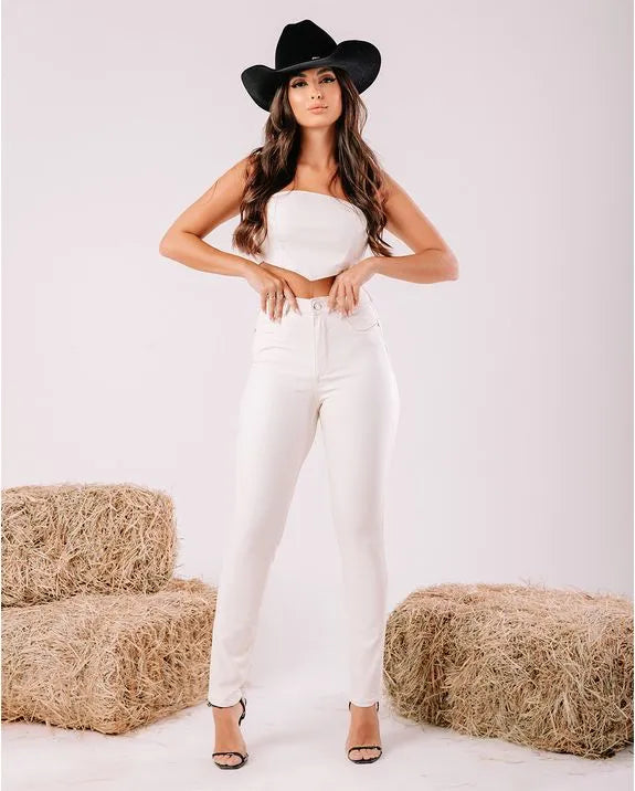 Calça couro skinny cintura média basica