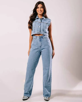Calça jeans wide leg cintura alta