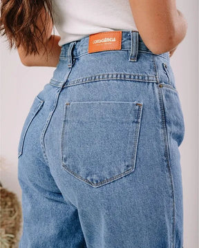 Calça jeans wide leg cintura alta cargo