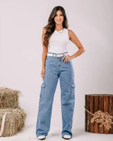 Calça wide leg cintura alta cargo