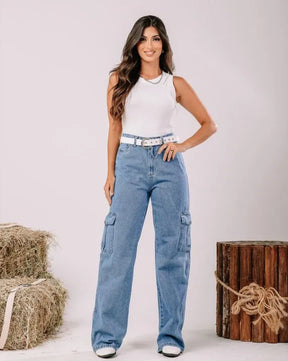 Calça wide leg cintura alta cargo