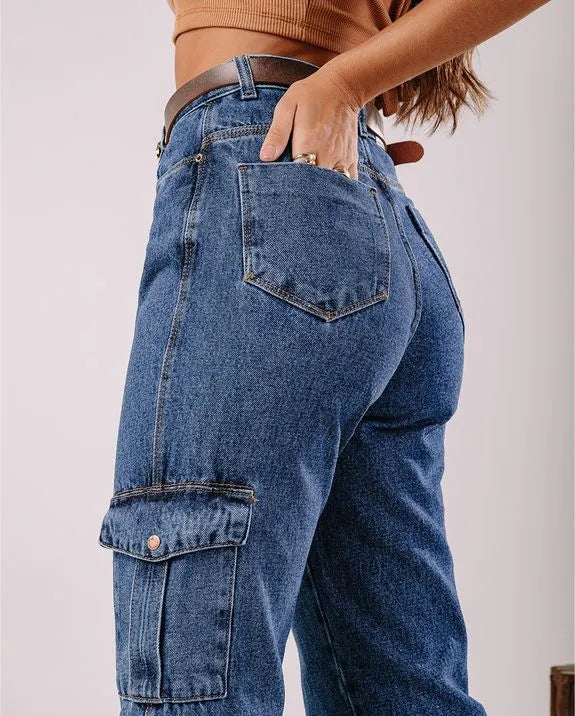 Calça wide leg cintura alta cargo