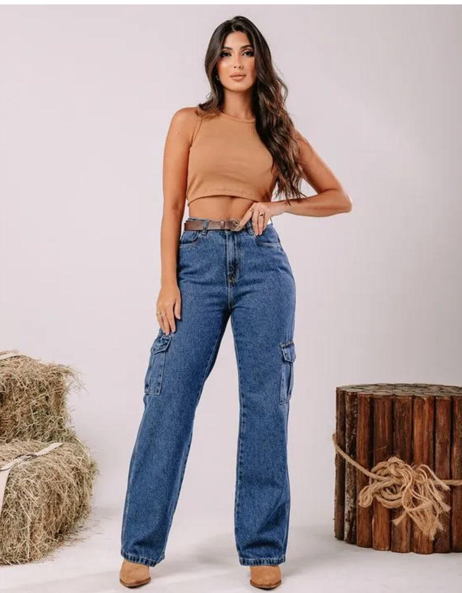 Calça wide leg cintura alta cargo
