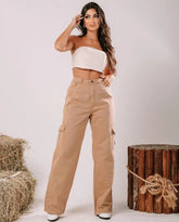 Calça sarja wide leg cintura alta
