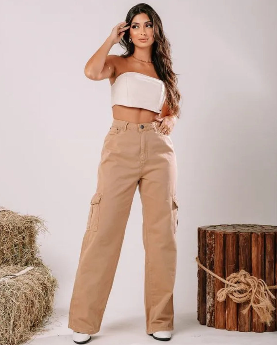 Calça sarja wide leg cintura alta