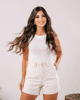 Short jeans alfaiataria cintura alta botão duplo