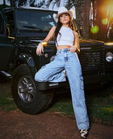 Calça jeans wide leg cintura alta cargo