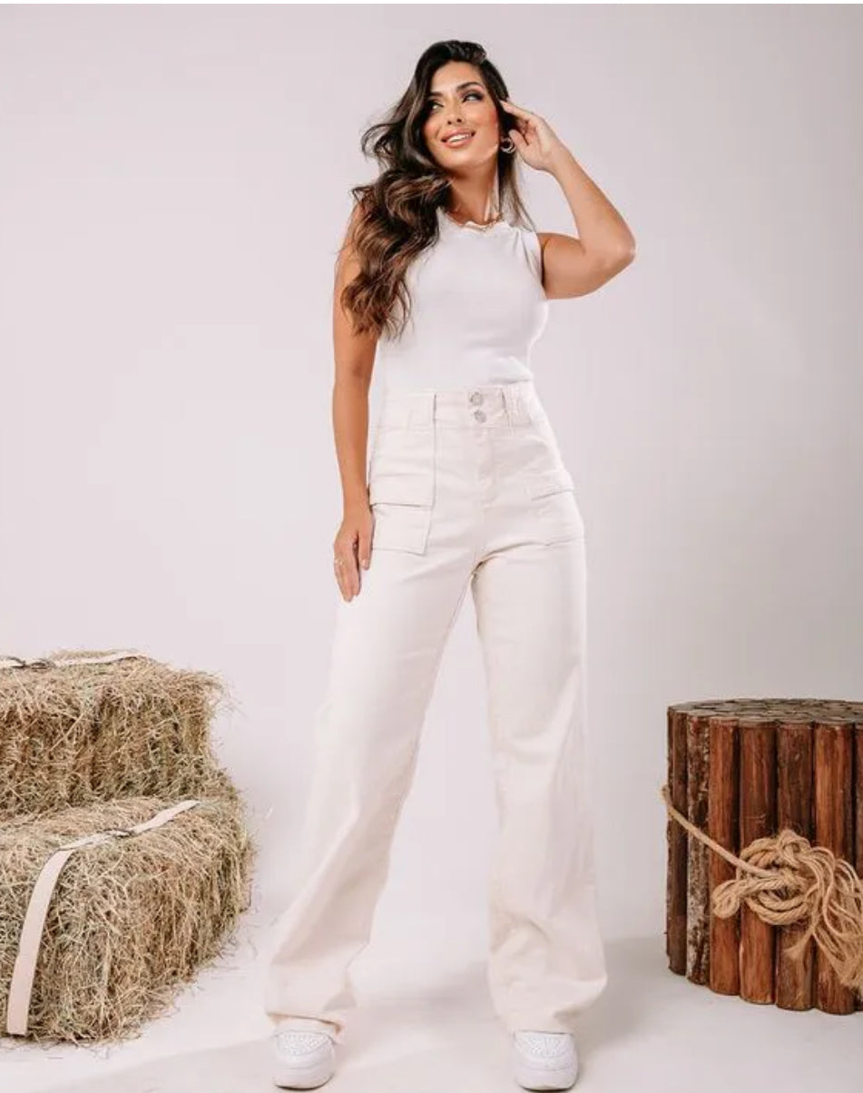 Calça jeans off white wide leg botão duplo