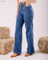 Calça jeans wide leg feminina cintura alta com cinto