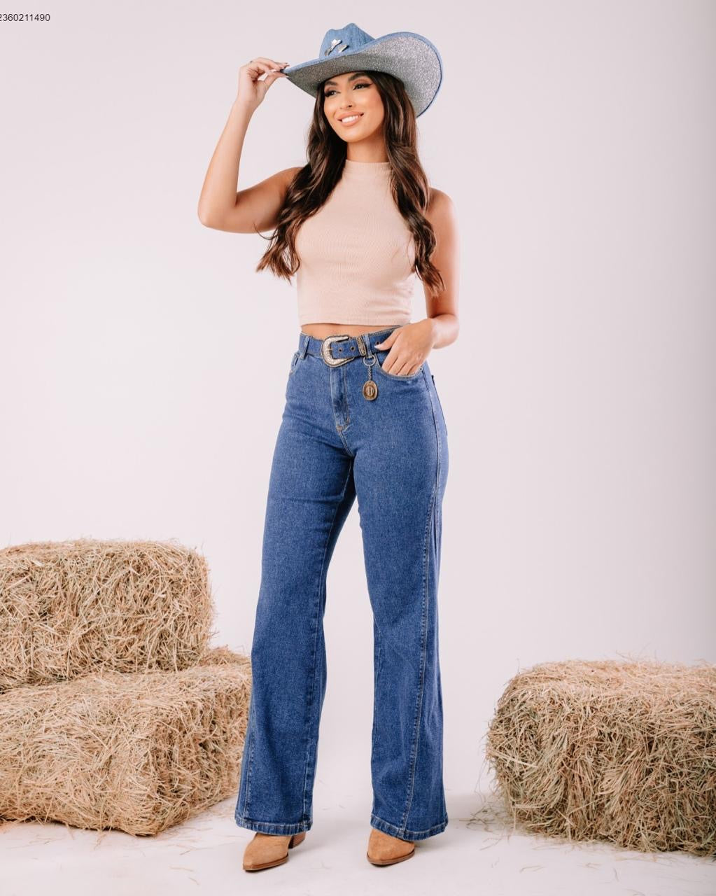 Calça jeans wide leg feminina cintura alta com cinto