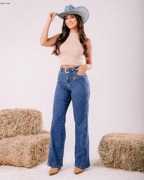 Calça jeans wide leg feminina cintura alta com cinto